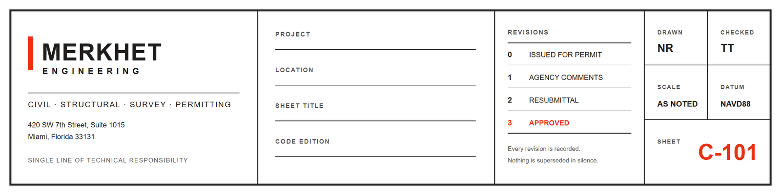 Drawing title block with revision table and responsibility fields