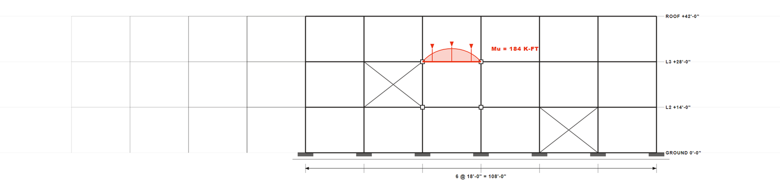 Structural frame elevation with bending moment diagram