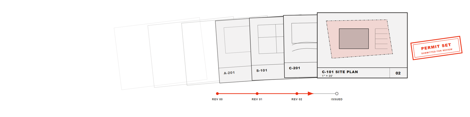 Permit drawing set with submittal stamp and review log
