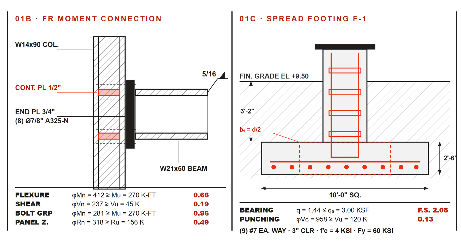 Moment connection detail and spread footing section with design checks