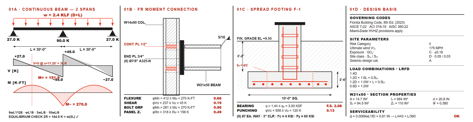 Continuous beam analysis, moment connection and spread footing details